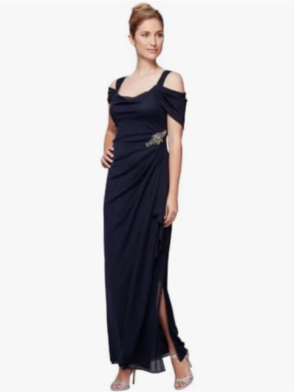 NWOT- Alex Evenings Long Cold Shoulder Dress, Embellished Navy, size 10P